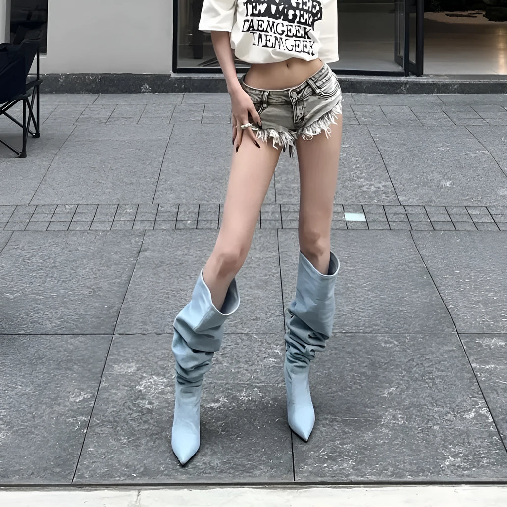 Women's pointed toe stiletto denim high heel below the knee boots in blue artificial PU with waterproof platform