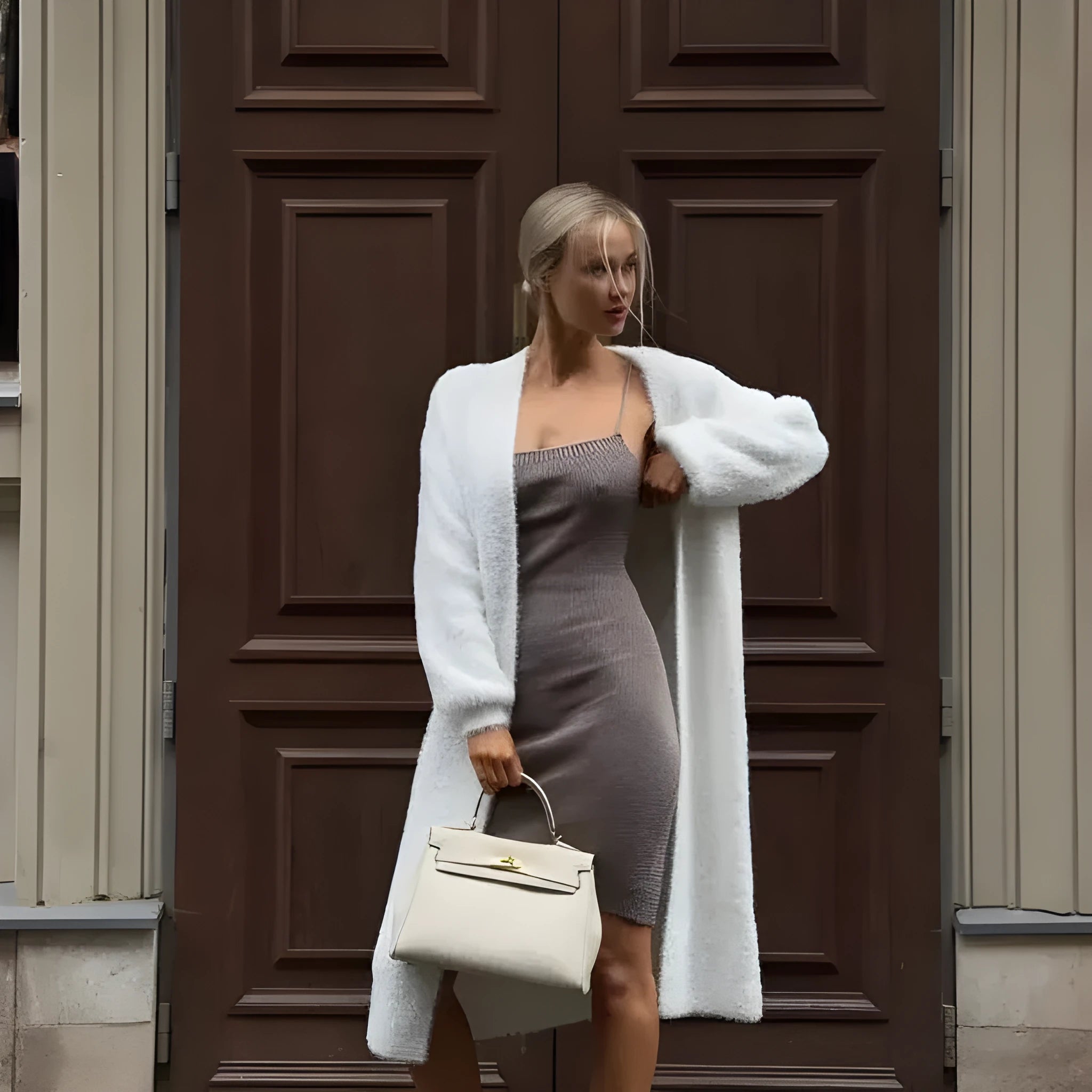 Women's white knitted cardigan jacket with extended length and loose fit