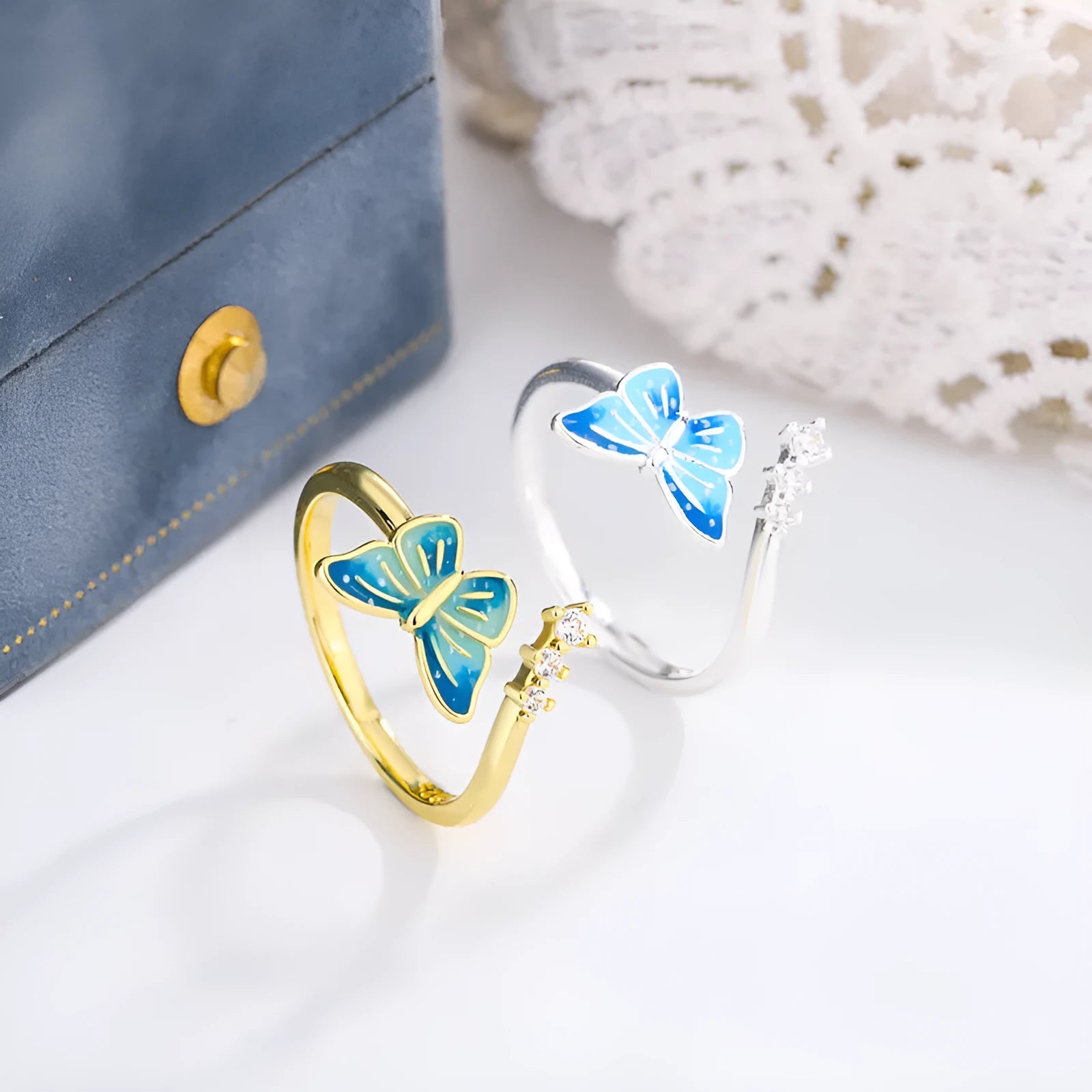 National style new Chinese enamel butterfly ring with adjustable opening, blue hue, copper base, silver finish