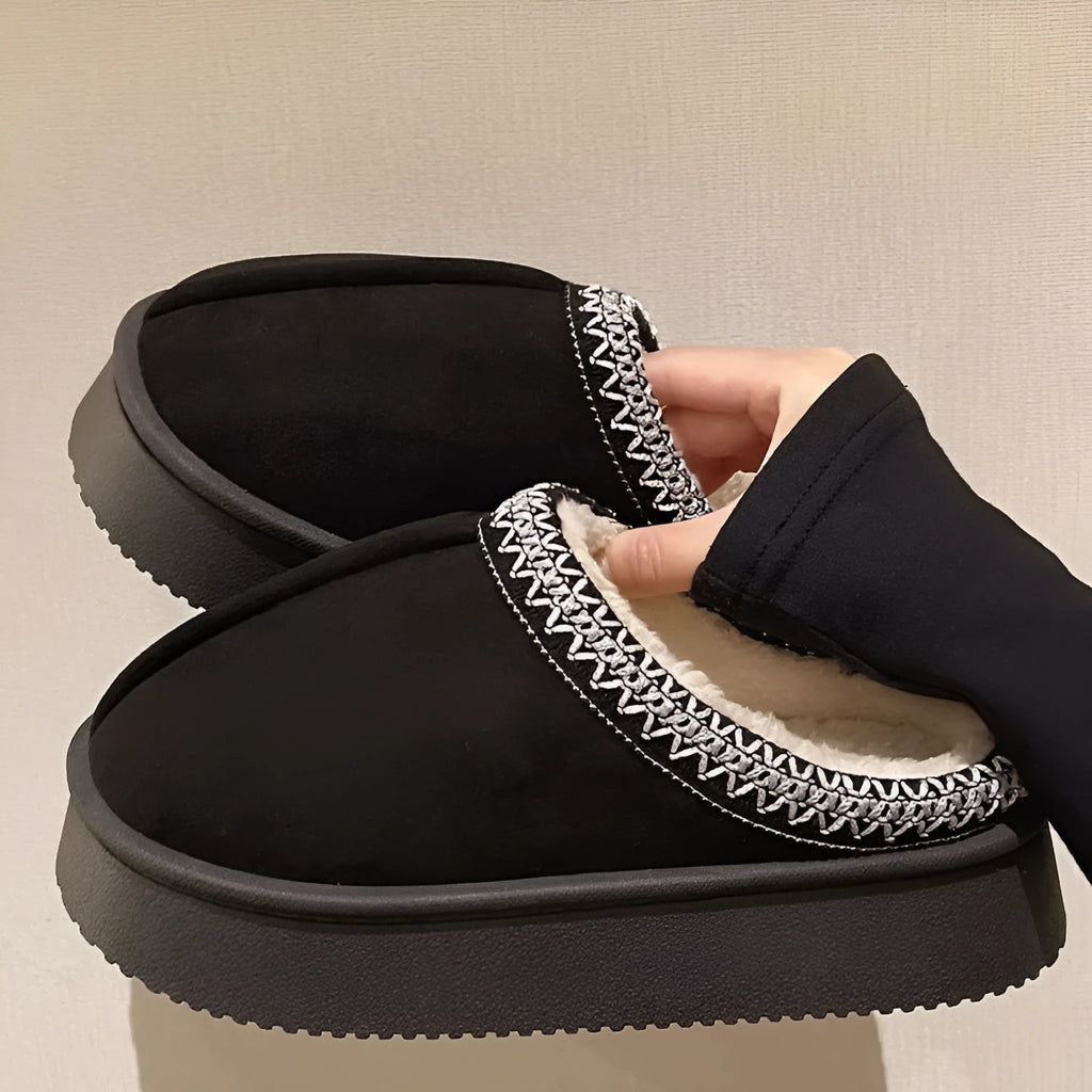 Women's suede cotton bag heel slippers in beige, warm indoor footwear for autumn winter with PVC sole