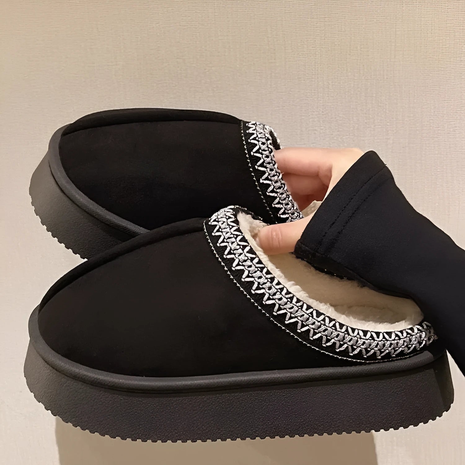 Women's suede cotton bag heel slippers in beige, warm indoor footwear for autumn winter with PVC sole
