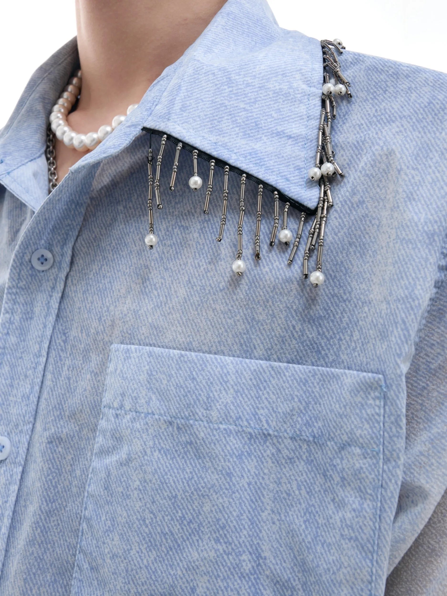 Men's loose blue gradient short sleeve casual polyester shirt on a hanger.