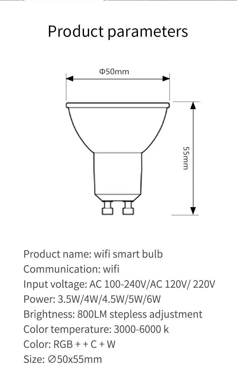GU10 smart LED spotlight bulb with RGBCCT colours, shown in a standard spotlight socket.