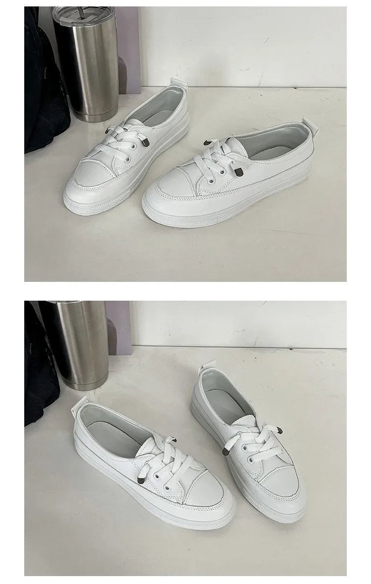 White women's sports breathable shoes with flat heel and round toe, front lace-up, artificial PU patent leather upper, rubber sole