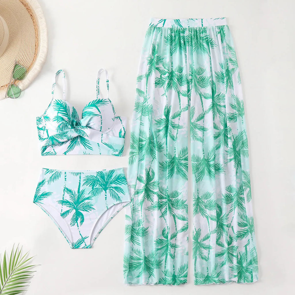 Women's bikini three-piece set in quick-dry polyester with spandex lining, split design, emerald green colour