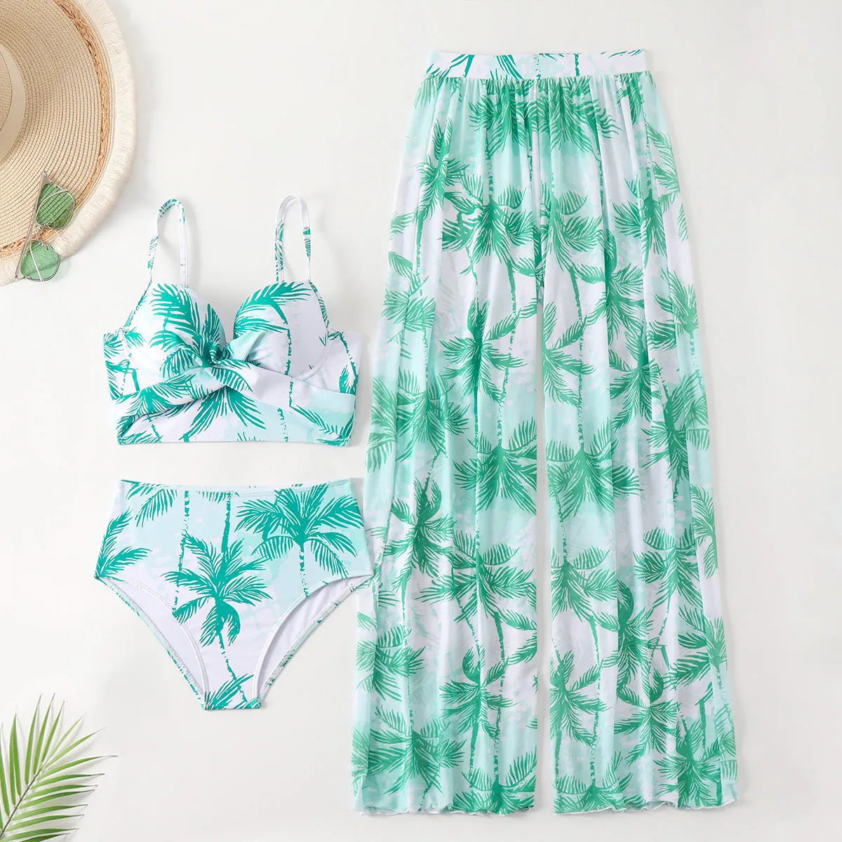 Women's bikini three-piece set in quick-dry polyester with spandex lining, split design, emerald green colour