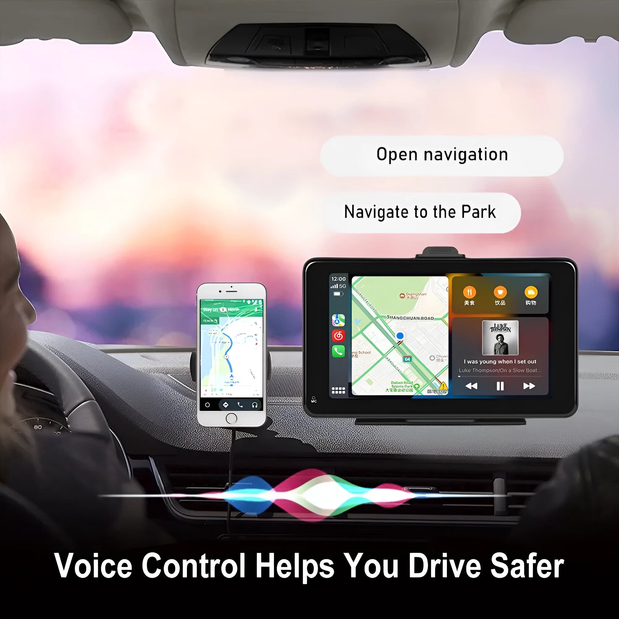 7-inch HD car monitor with universal support bracket on vehicle dashboard