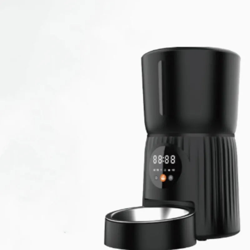 Automatic pet feeder with timer display and food storage compartment in black colour