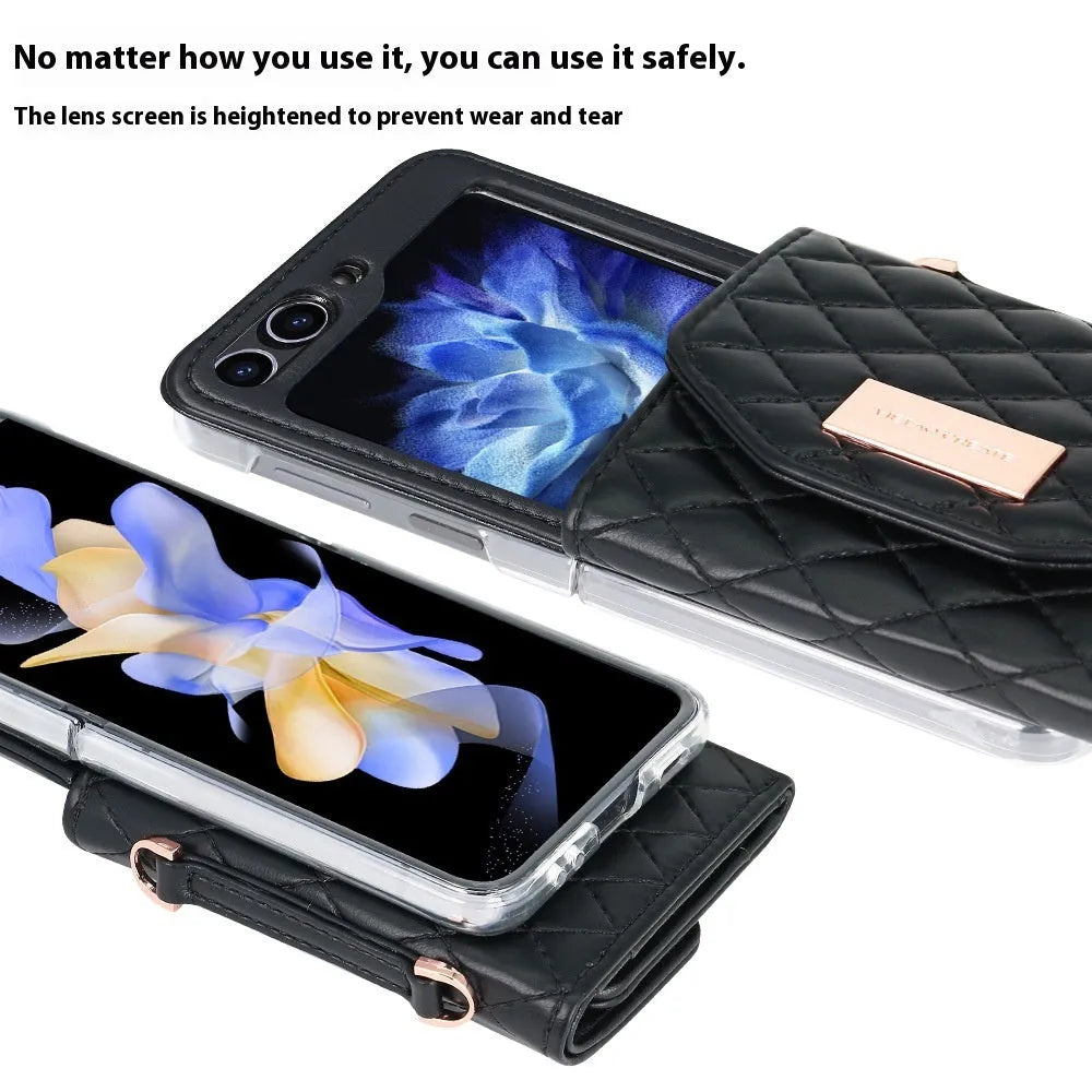 Fashion lanyard phone cover for Samsung Z Flip4 Flip5 Flip6 in purple with crossbody strap and card slot