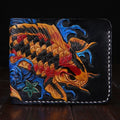 Men's carved cow leather short wallet in red, showing open closure and dimensions.