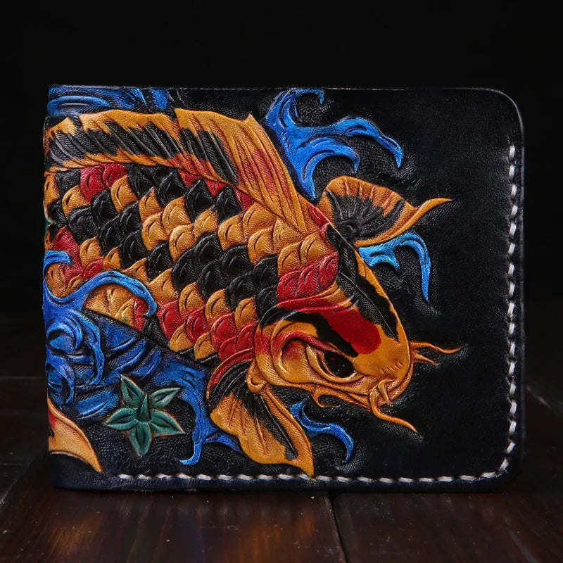 Men's carved cow leather short wallet in red, showing open closure and dimensions.