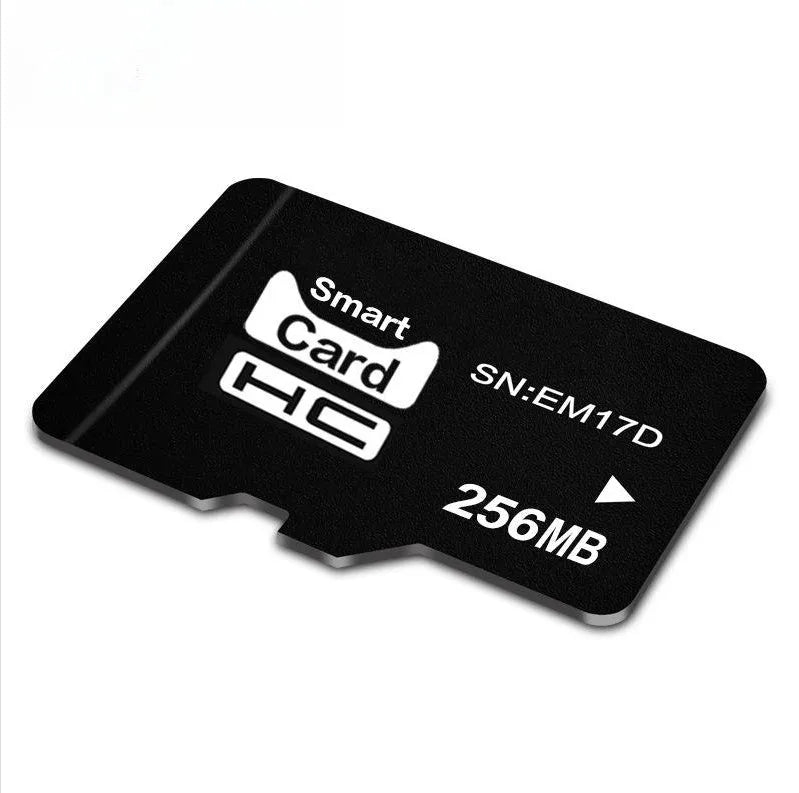 256MB TF memory card with packaging, shown next to compatible devices like an MP3 player and camera.