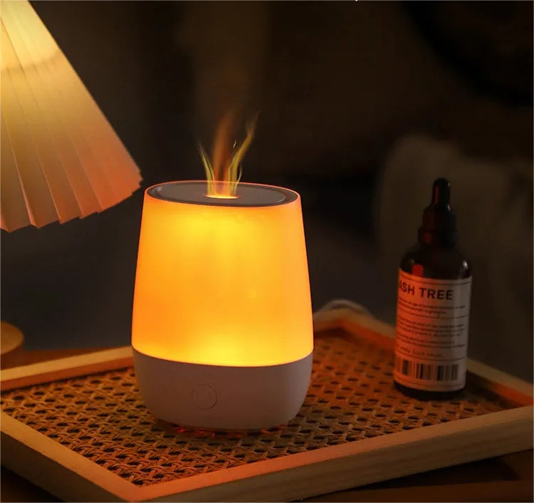 White USB aroma diffuser with simulated flame effect showing compact dimensions