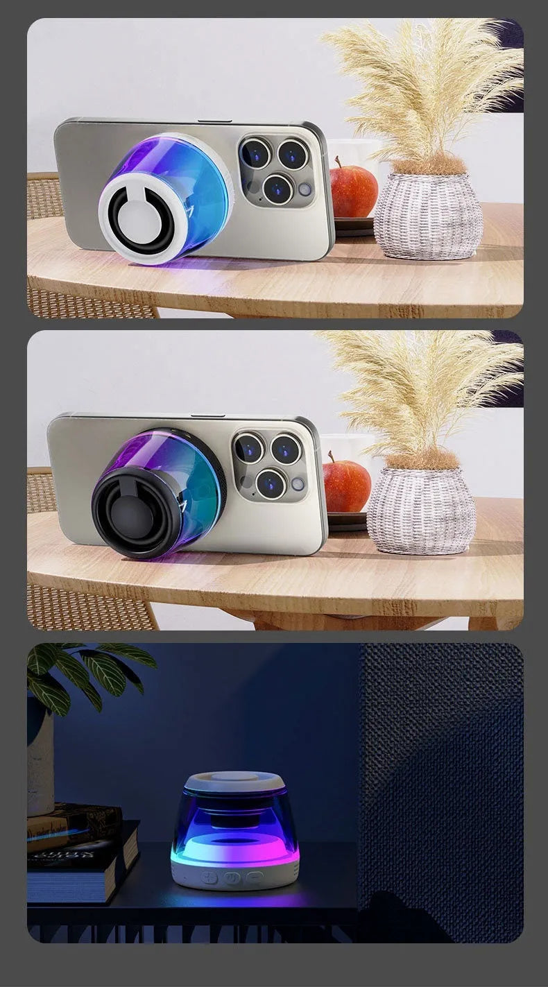 Portable wireless Bluetooth speaker with ambient lighting and magnetic base in black or white
