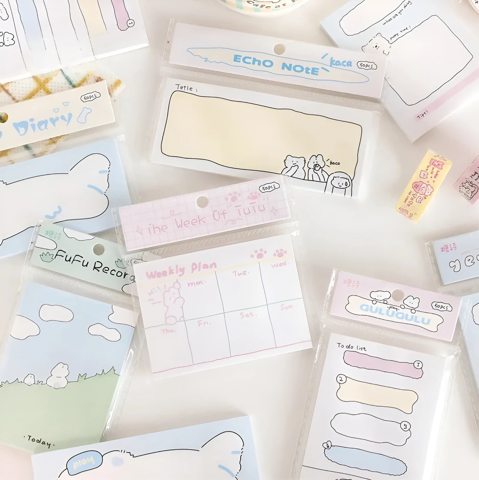 Cartoon heart-shaped sticky notes set showing six themed designs in three different sizes