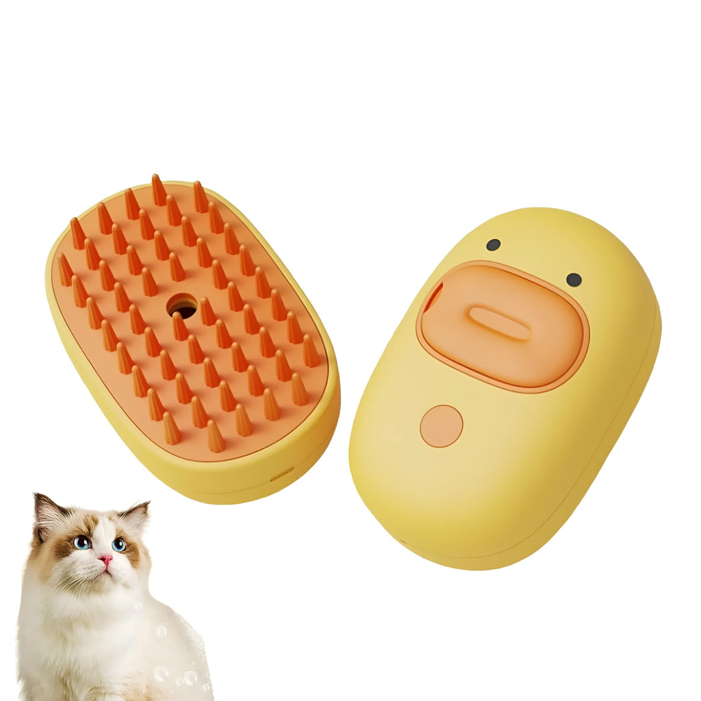 White and yellow pet steam brush grooming tool with rubber teeth and a water tank.