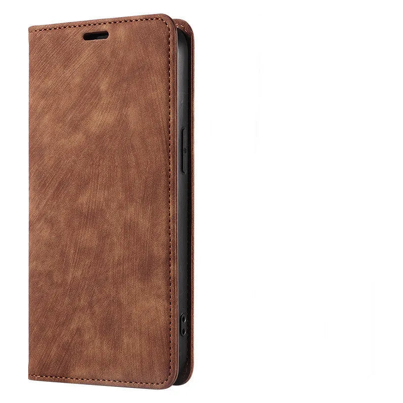 Magnetic flip phone case for iPhone in multiple colours showing leather and TPU construction