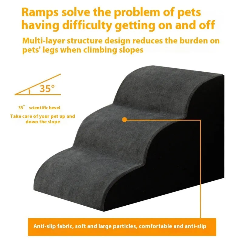 Pet removable and washable wooden dog stairs in brown, three-tier 30cm height, for small dogs accessing a bed