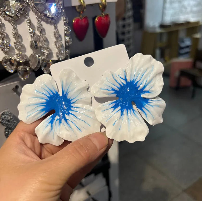 Alloy flower stud earrings with oil-spot glaze finish in European pastoral style