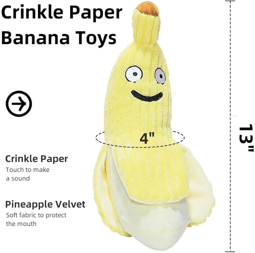 Yellow banana-shaped cat crinkle toy with plush fabric on a plain background.