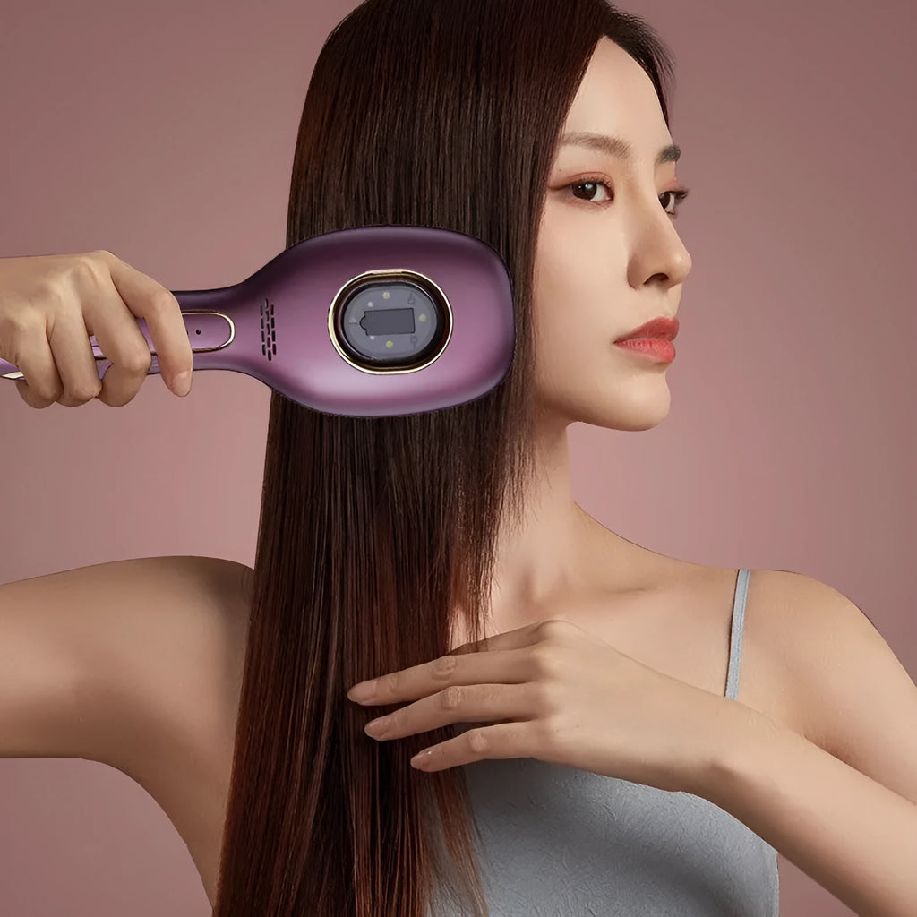 Red and blue LED hair growth comb with USB charging cable, available in pink, purple, and white colours, 82x235x41mm