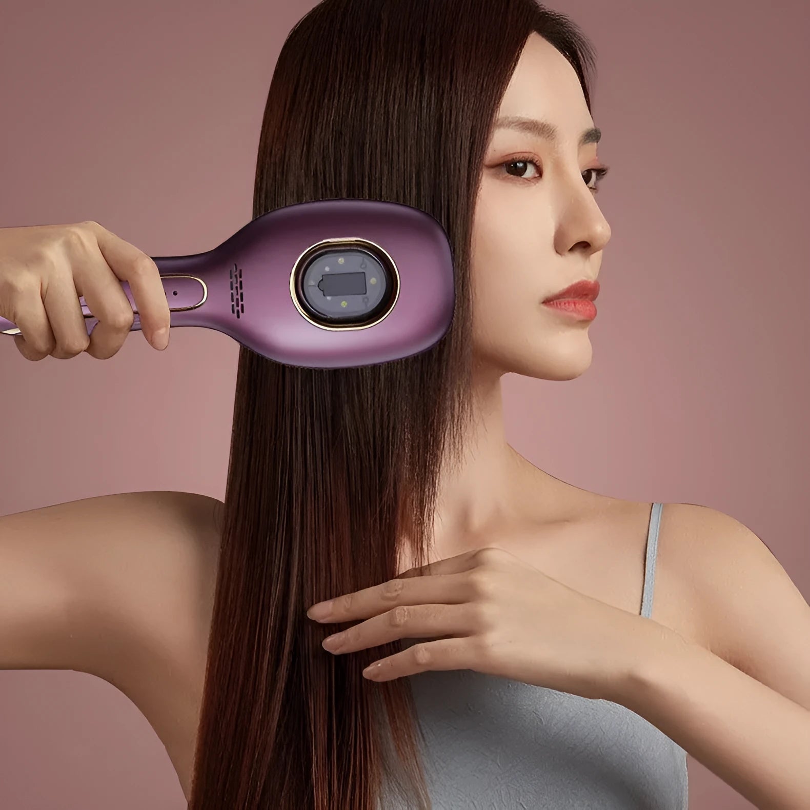 Red and blue LED hair growth comb with USB charging cable, available in pink, purple, and white colours, 82x235x41mm