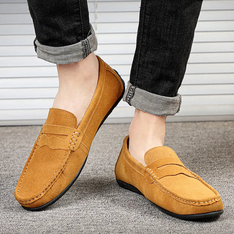 Men's suede slip-on loafers in solid colours with round toe and flat rubber sole