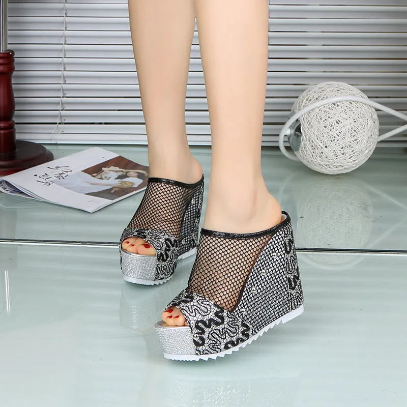 Korean women's platform flip flops with hollowed heel and chunky sole in black, gold, and silver colours.