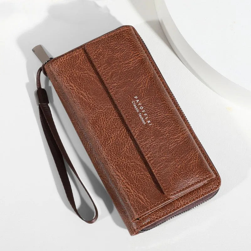 Men's black PU leather long wallet with multiple card slots, shown closed.