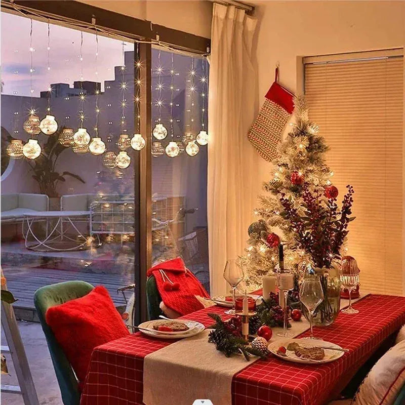 10-piece LED Christmas curtain light set with snowman and Christmas tree wishing ball designs for window decoration