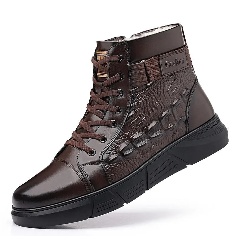 Black genuine leather snow boots with fur lining and non-slip rubber soles, front lace-up closure