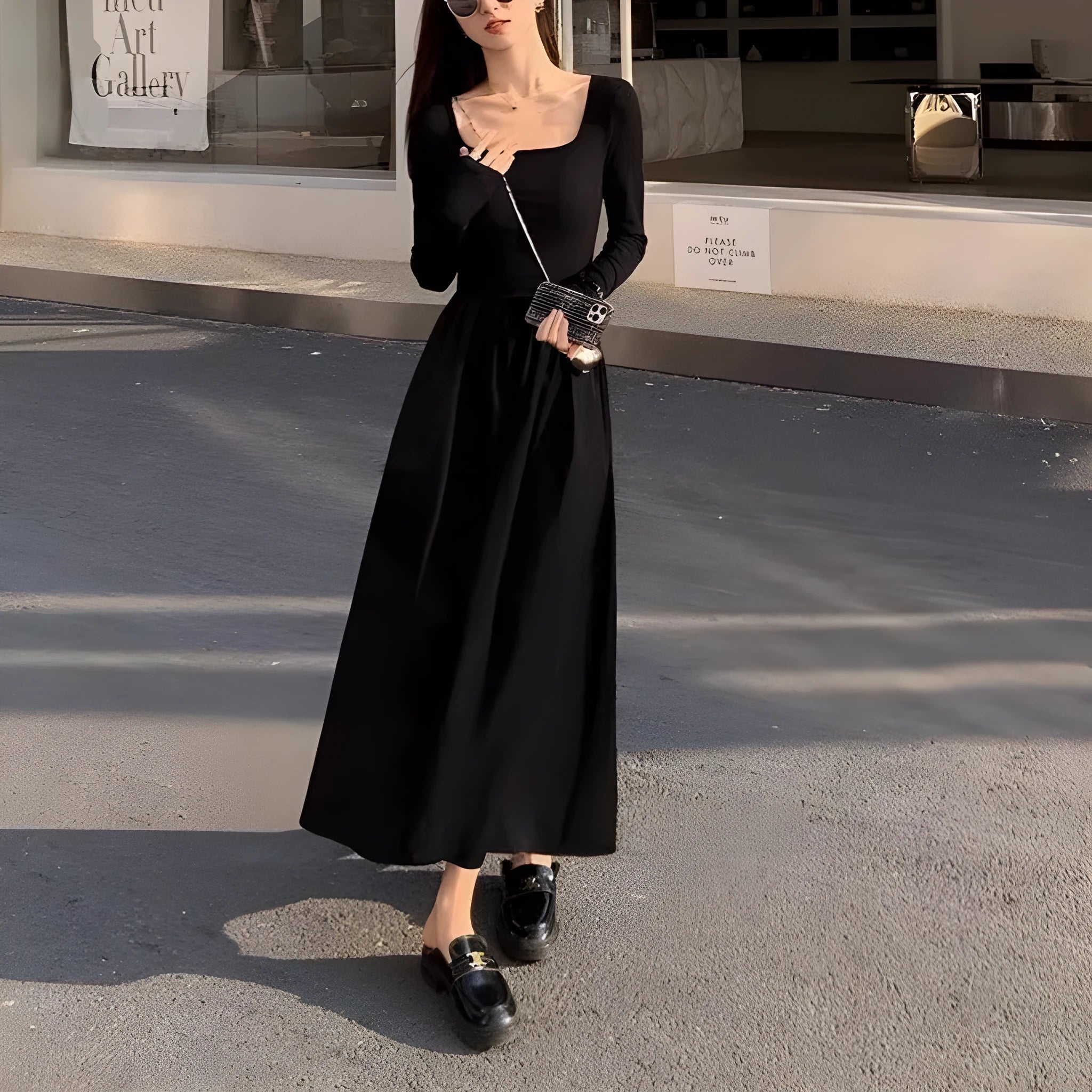 Women's square collar knitted dress with elastic waist and a-line long skirt in grey colour
