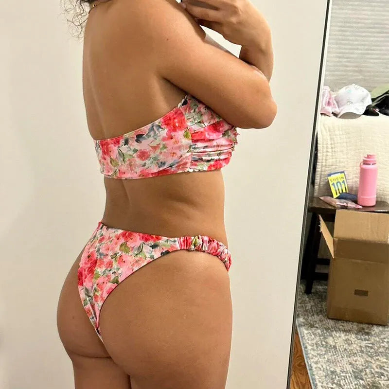 European style floral print tube top bikini set in polyester fabric for swimming