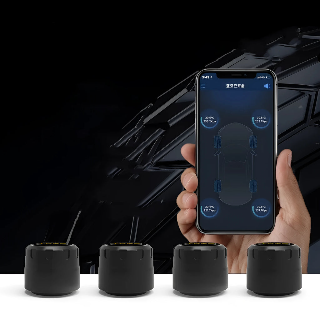 Black external Bluetooth 5.0 tire pressure monitor sensor with IP67 rating and anti-theft screw