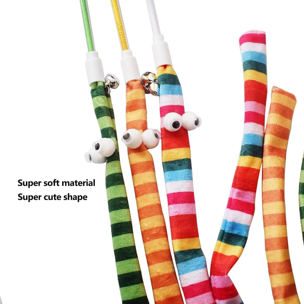 Plush cat teaser wand toy with colourful strip and bell on polycarbonate pole