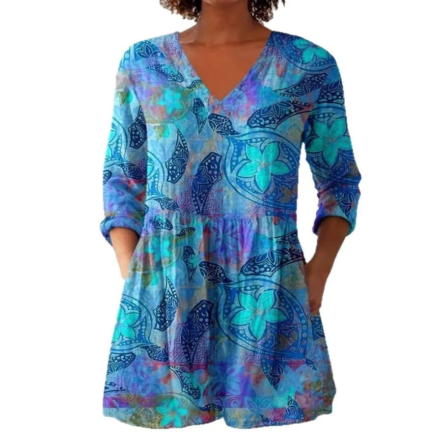 Women's retro slim fit printed long-sleeved top in a floral pattern, showing front view.