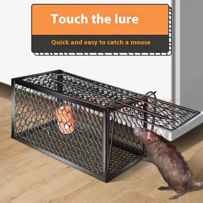 Automatic mouse cage trap with metal and plastic construction showing cage mechanism