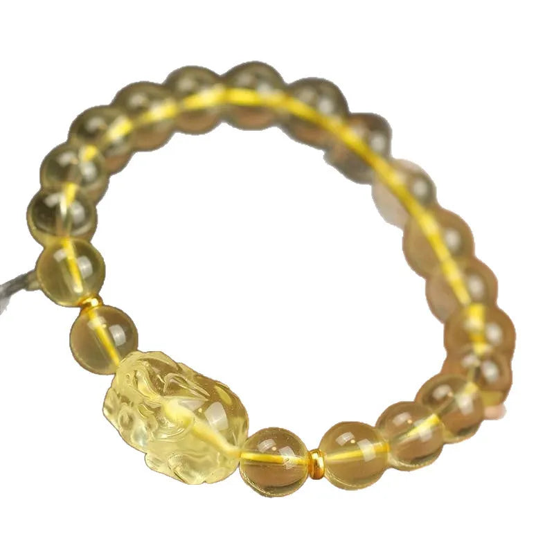 Yellow leather cord Pi Xiu bracelet with artificial crystal charms in simple Chinese style