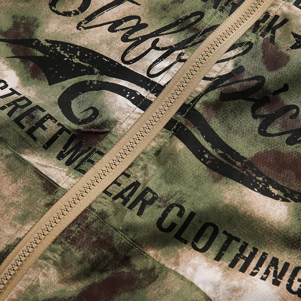 Hooded camouflage sun protection jacket for men, loose fit polyester fibre, shown in camouflage colour.