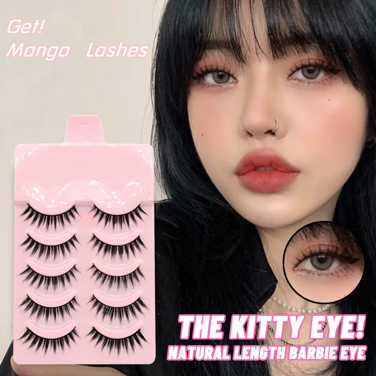 Set of manga style false eyelashes showing natural slim length styles 007, 008, and 009 on black plastic bands.