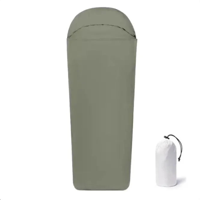 Adult blue nylon camping sleeping bag with mummy structure showing dimensions