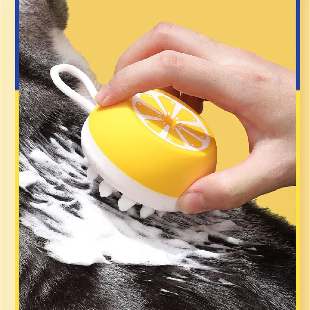 Yellow silicone pet grooming brush with massage head for dog and cat bath time