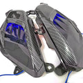 Yamaha NMAX scooter side lamp LED replacement kit with carbon fibre decoration showing blue and red light options