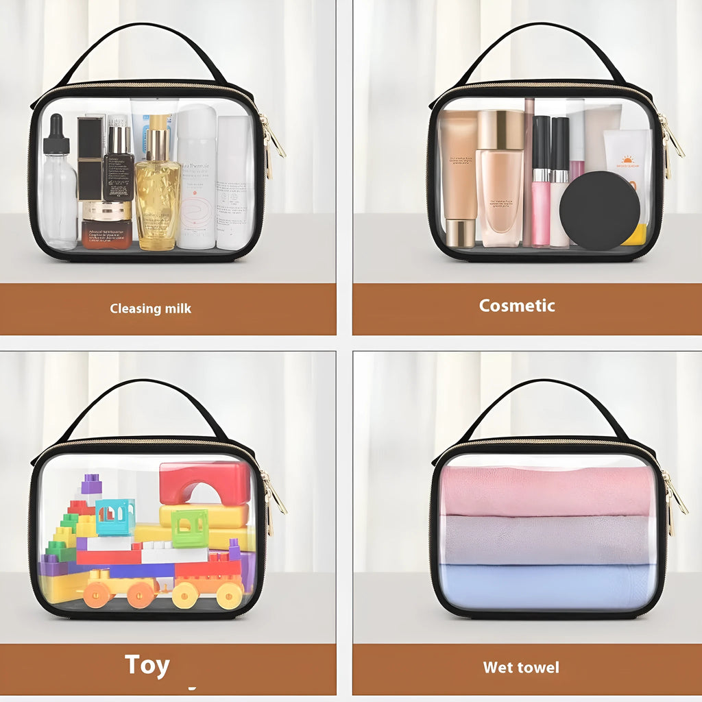 Transparent PVC wash bag with a chain strap in various colours for lipstick and toiletry storage.