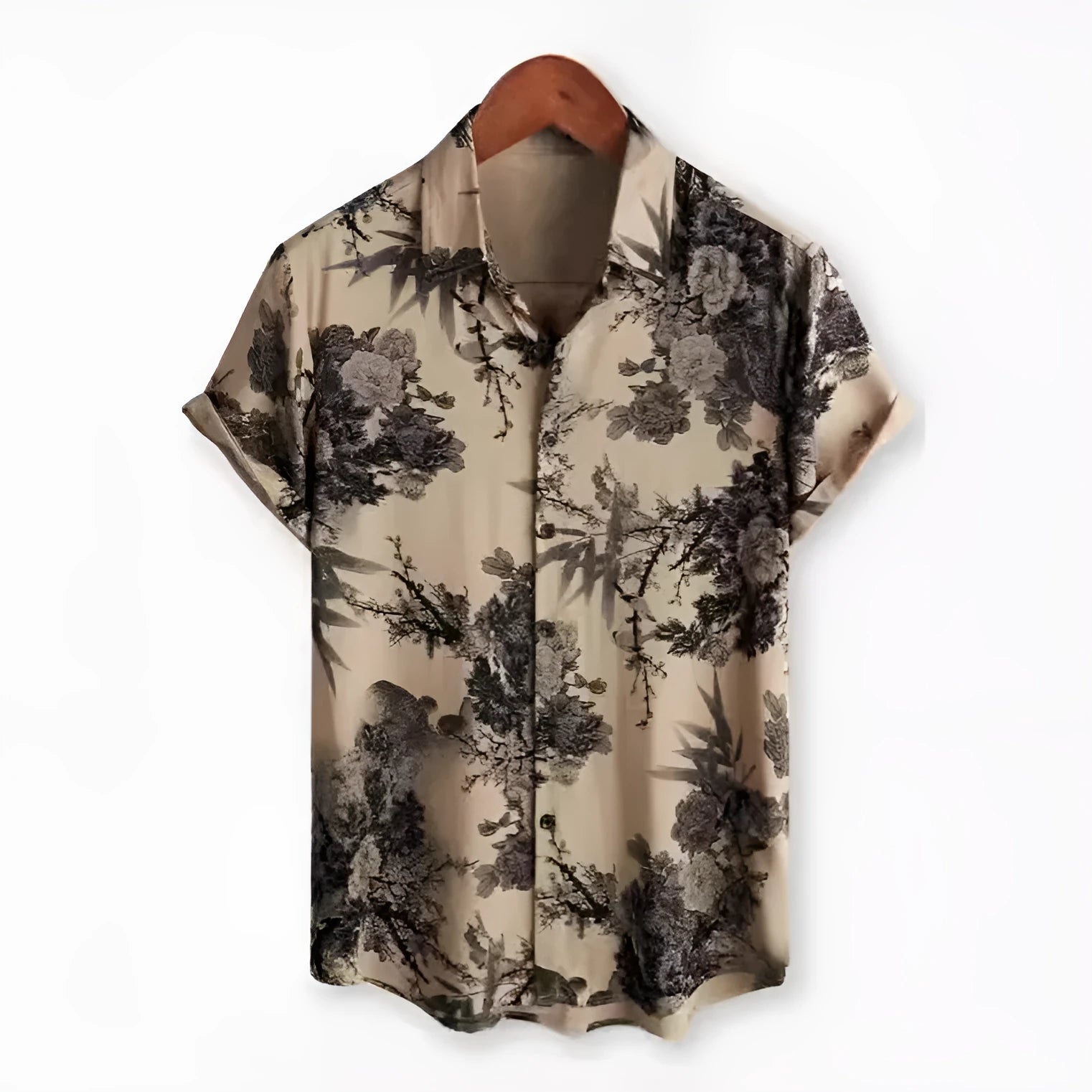 Man wearing a short sleeve Hawaiian shirt with a blue and white floral digital print and a lapel collar.