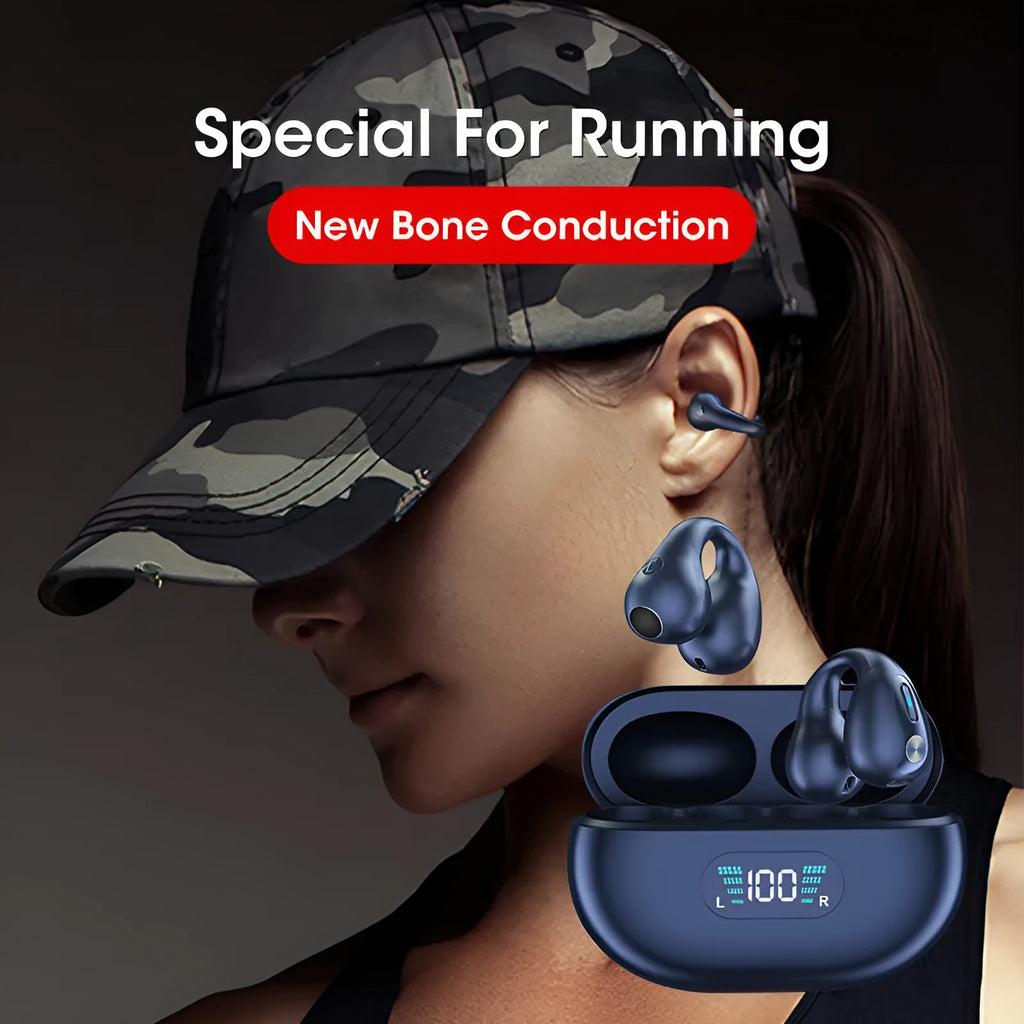 Q80 bone conduction Bluetooth clip headset in black, white, or khaki colour with ear clip design.