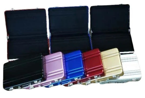 Aluminium alloy metal card holder in red, blue, black, silver, pink, and gold colour options.