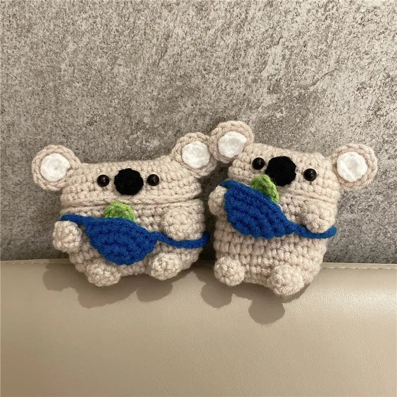 Hand-knitted koala bear backpack design cover for Apple AirPods and AirPods Pro charging case.