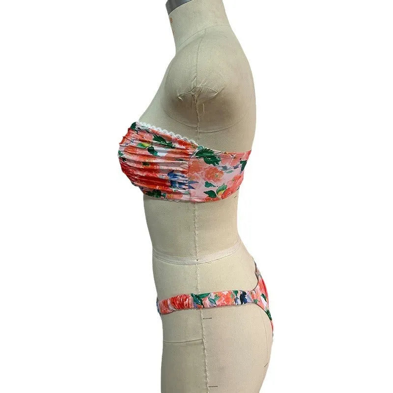 European style floral print tube top bikini set in polyester fabric for swimming