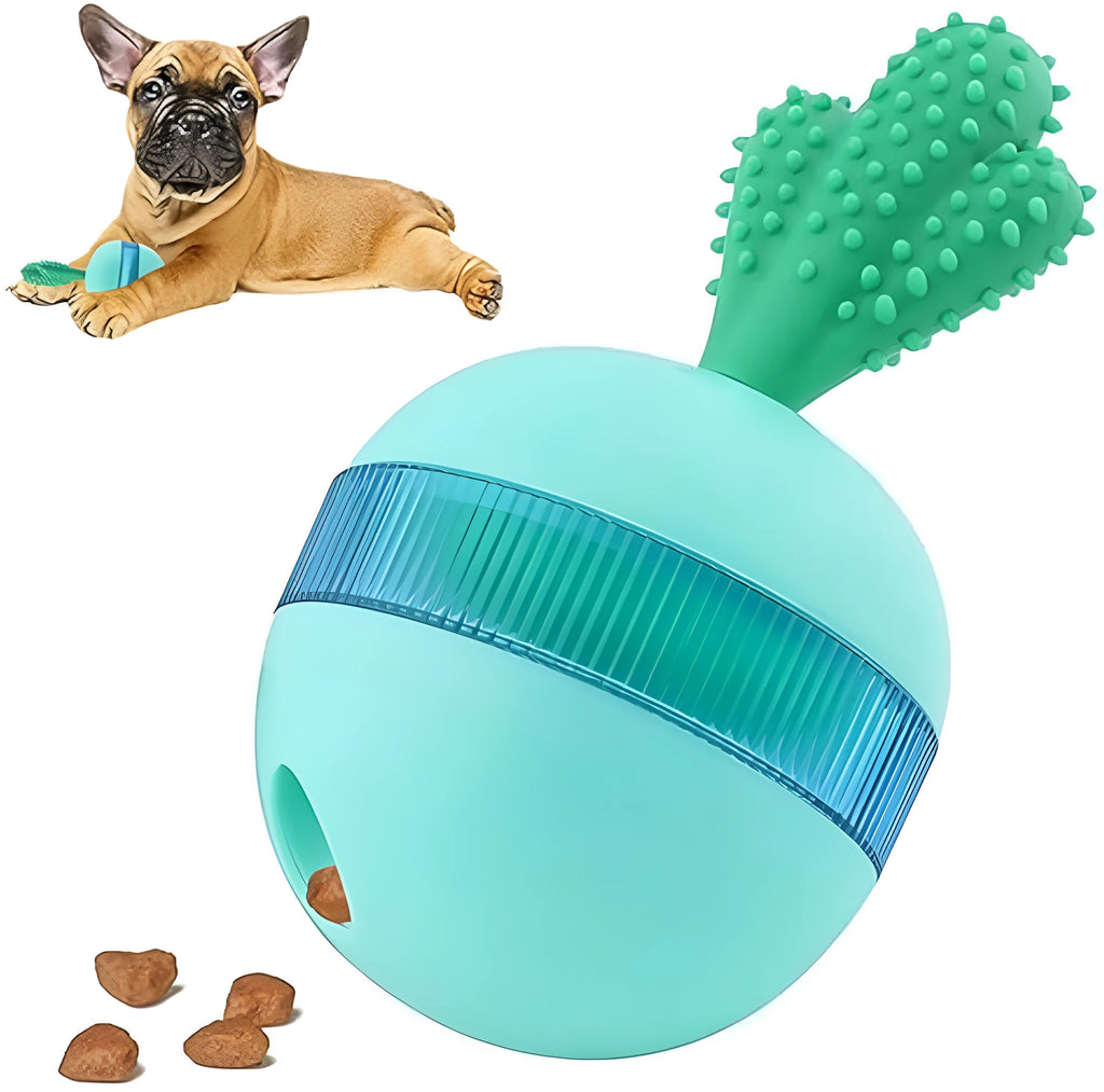 Blue durable rubber dog puzzle ball with treat dispensing holes for medium and large breeds